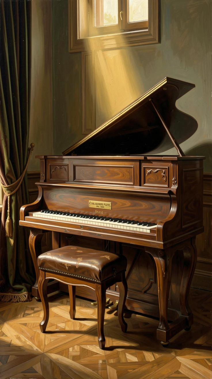 A grand piano beneath a shaft of golden light in an elegant room, with soft, warm light highlighting every fine texture and detail, radiating warmth, richness, and understated opulence
