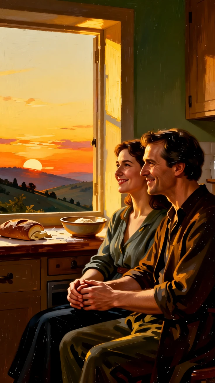 A couple watching a sunset together from a quiet hillside as gentle affection passes easily between generations, set within a warmly lit kitchen filled with the smell of baking, with soft golden light catching genuine, unguarded smiles; gentle framing by a doorway or window softens the intimate scene, suggesting the enduring bonds between generations.