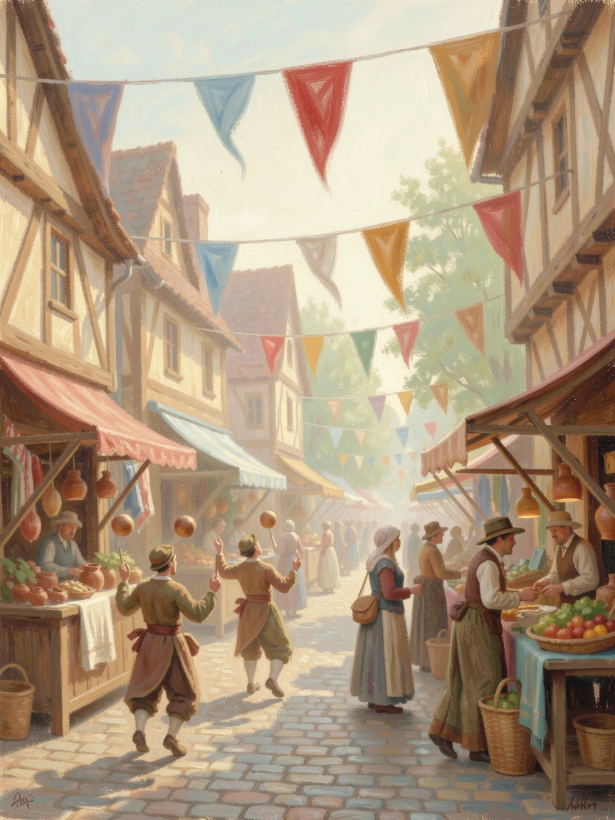 A bustling medieval marketplace with jugglers, merchants, and banners fluttering above timbered stalls, conveying a feeling of romance and tranquility.
