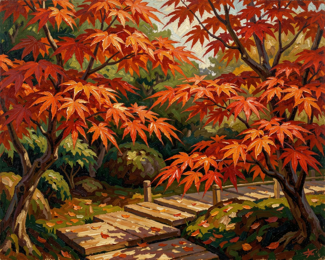A Japanese maple garden ablaze with red and orange in early autumn.