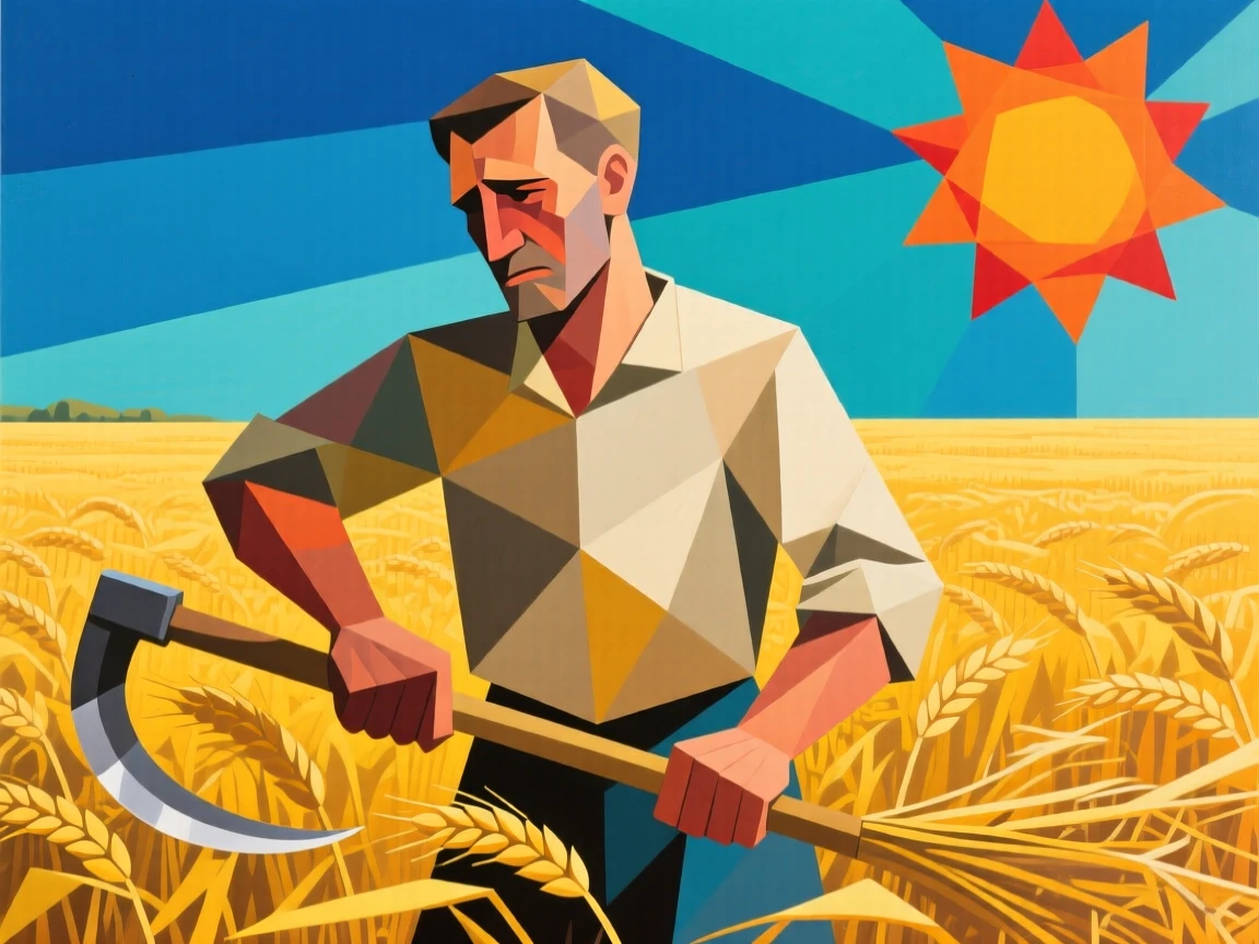 An engaging scene showing a farmer harvesting golden wheat beneath a wide open sky.