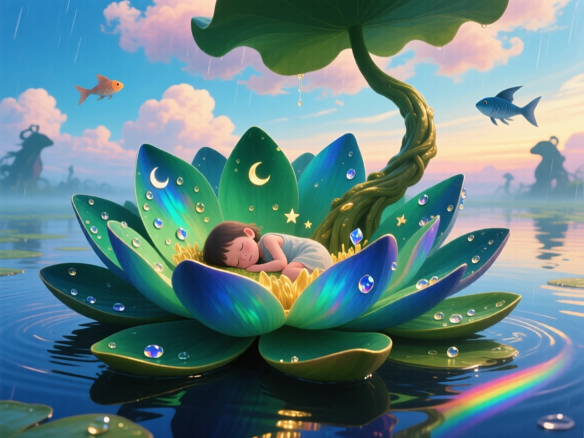 A giant water lily large enough to hold a sleeping child reaches upward as if trying to touch the passing clouds, while morning dew clings like small scattered jewels.
