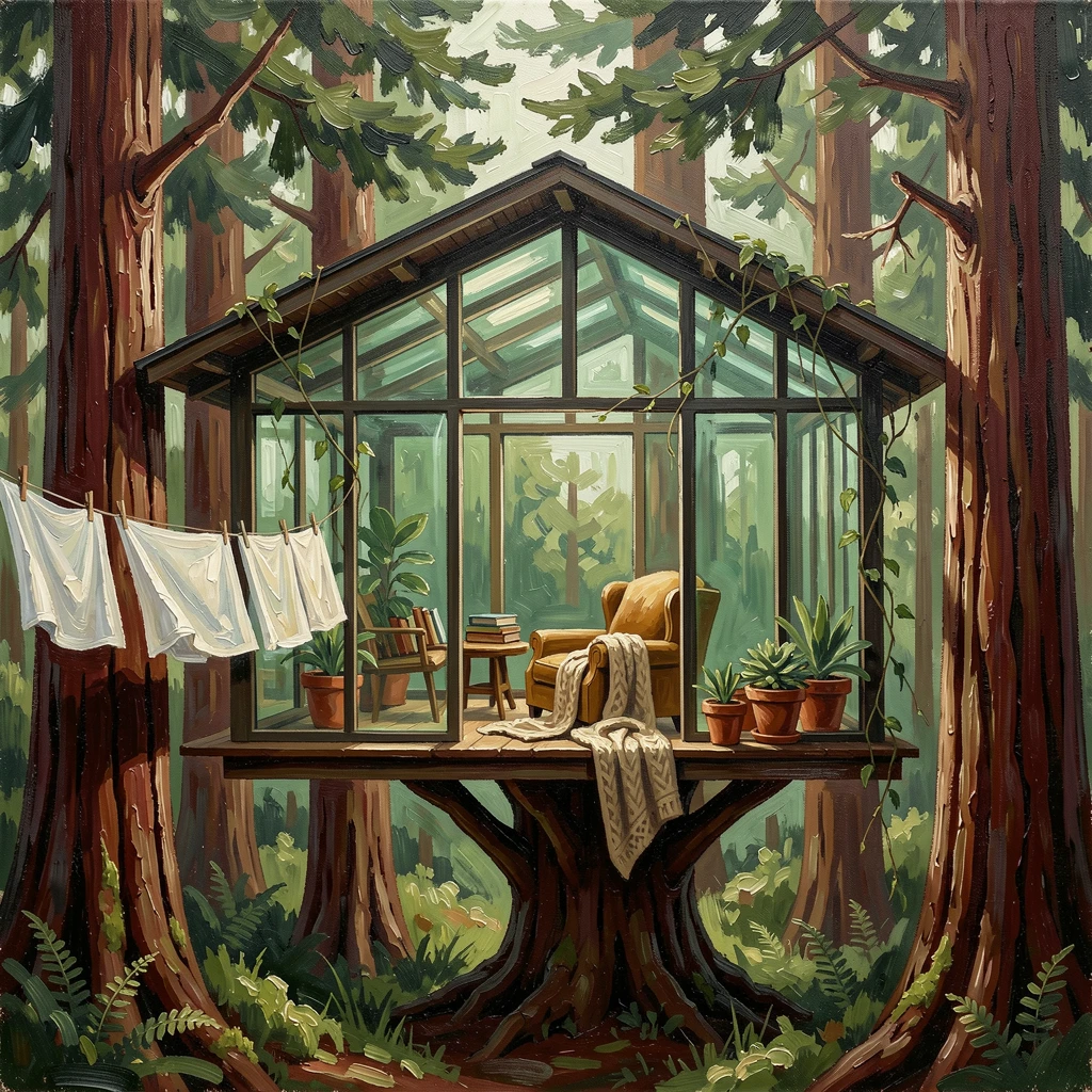 A modern glass treehouse nestled in a redwood forest shows a cozy reading nook bathed in dappled green light filtering through the canopy, small everyday details, like drying laundry or potted plants, giving the scene a lived-in warmth.