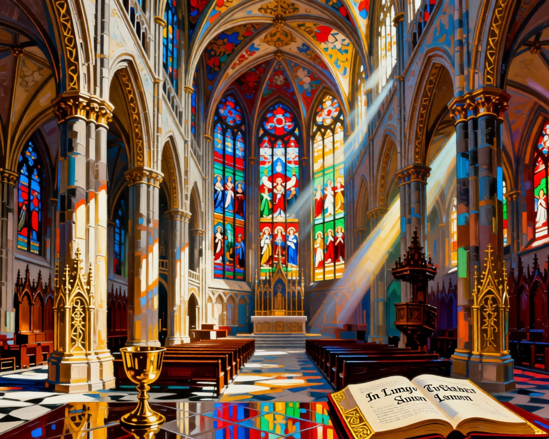 An ornate cathedral interior with light streaming through vast stained glass windows