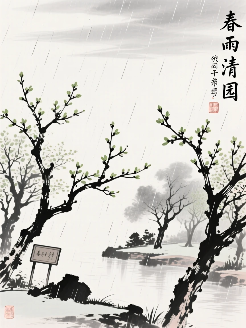 A gentle spring rain falls over a garden full of budding trees, beneath a sky washed clean by recent rain.
