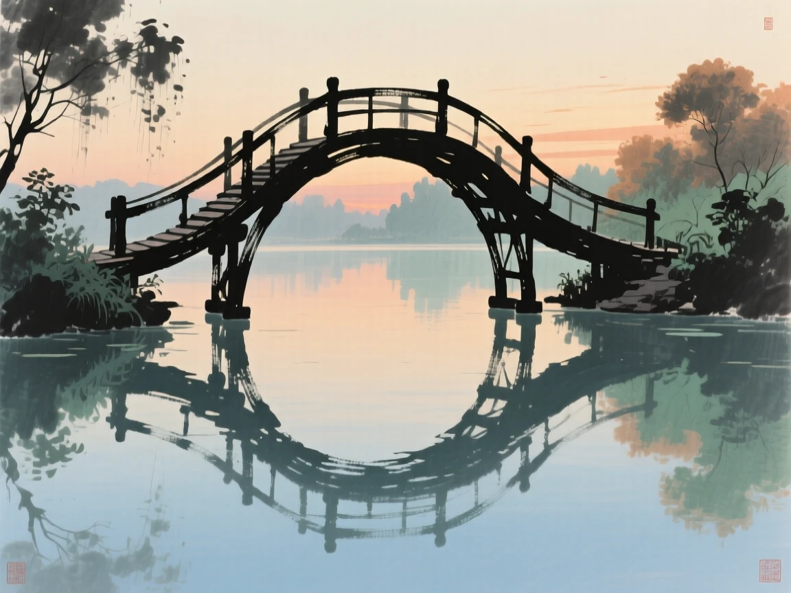 A graceful curved bridge reflected perfectly in still water, imbued with timeless calm, at dusk.