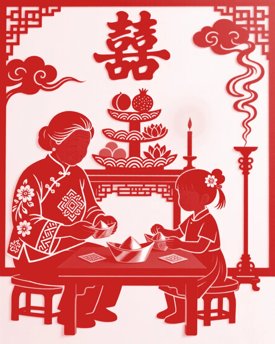 A grandmother teaching her granddaughter to fold gold and silver joss paper ingots at a low table, a family altar with fruit offerings glowing in candlelight behind them