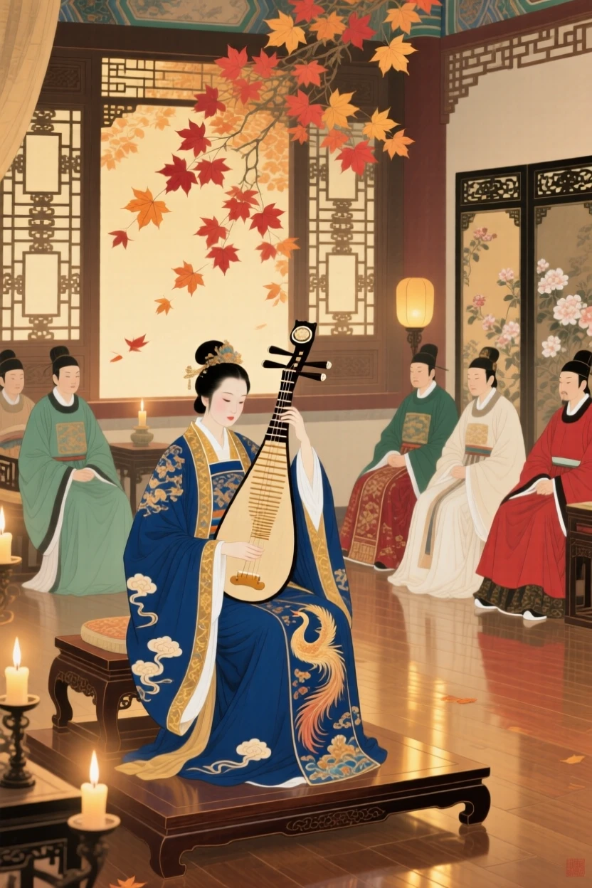 A court musician performing for nobles in a candlelit hall, surrounded by falling autumn leaves