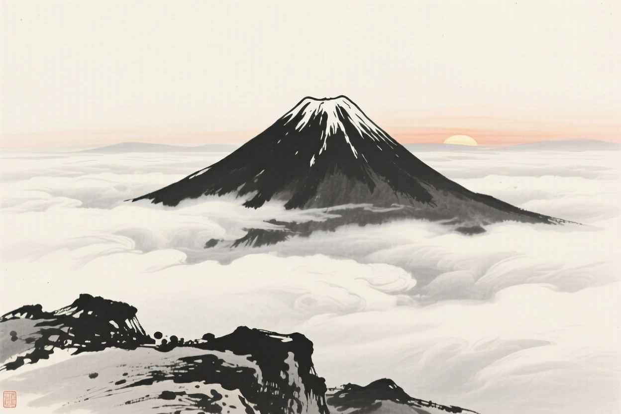 A solitary mountain peak piercing through a sea of clouds in the stillness just before sunrise, framed low, with the foreground rocks leading the eye toward the distance, carrying a feeling of timeless peace and stillness.