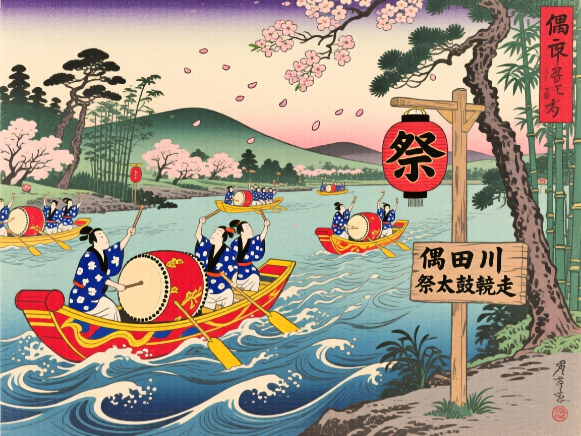 Festival drummers racing brightly decorated boats down a river.