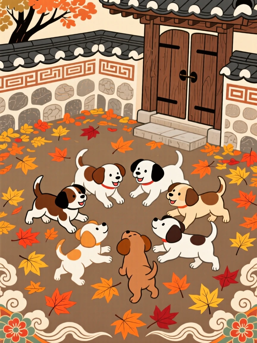 A litter of puppies playing together in a courtyard full of fallen leaves.