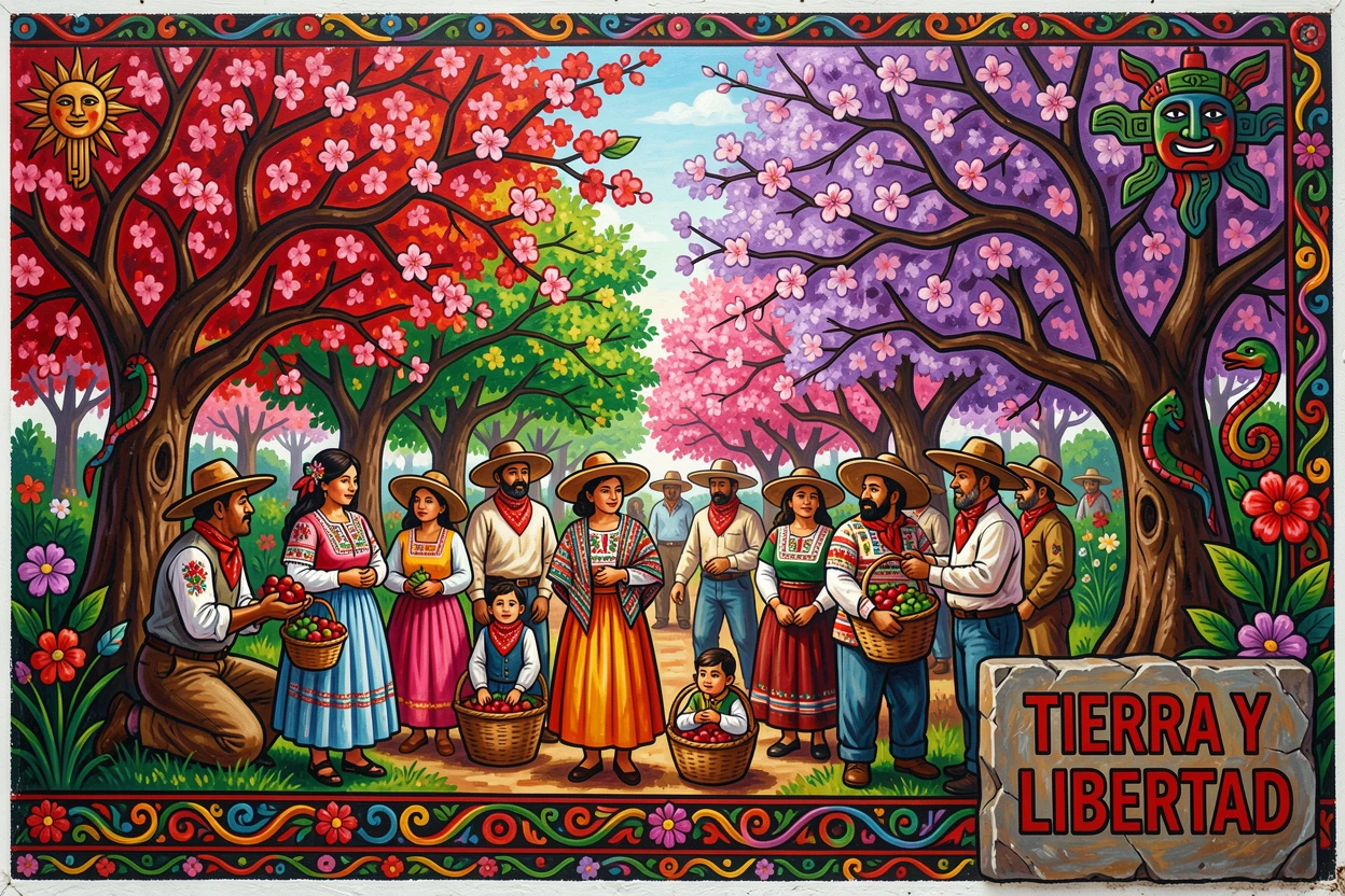 A spring garden filled with blooming cherry and plum trees
