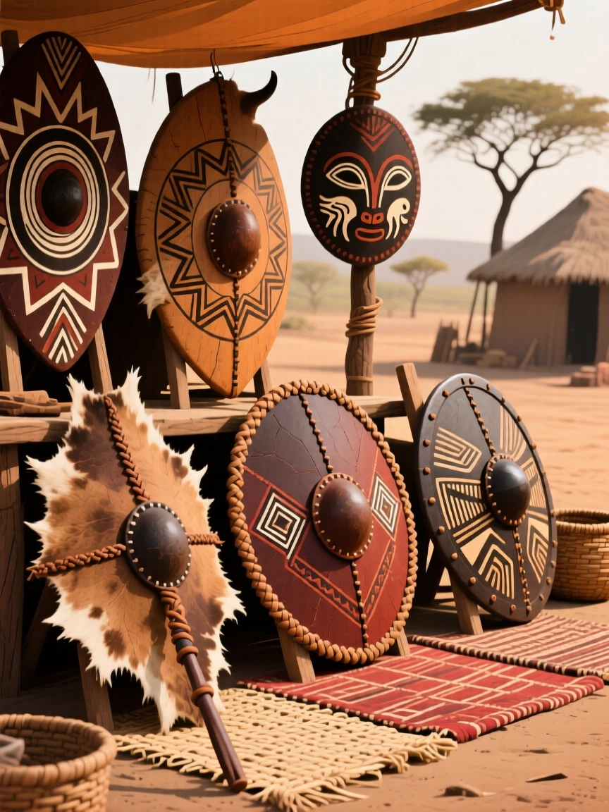 A display of animal-hide shields set out for a village market.