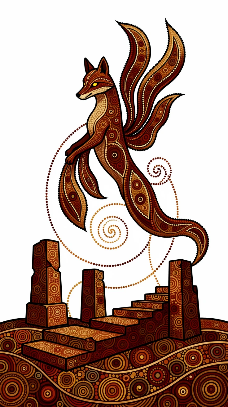 A kitsune fox spirit rising above ancient ruins