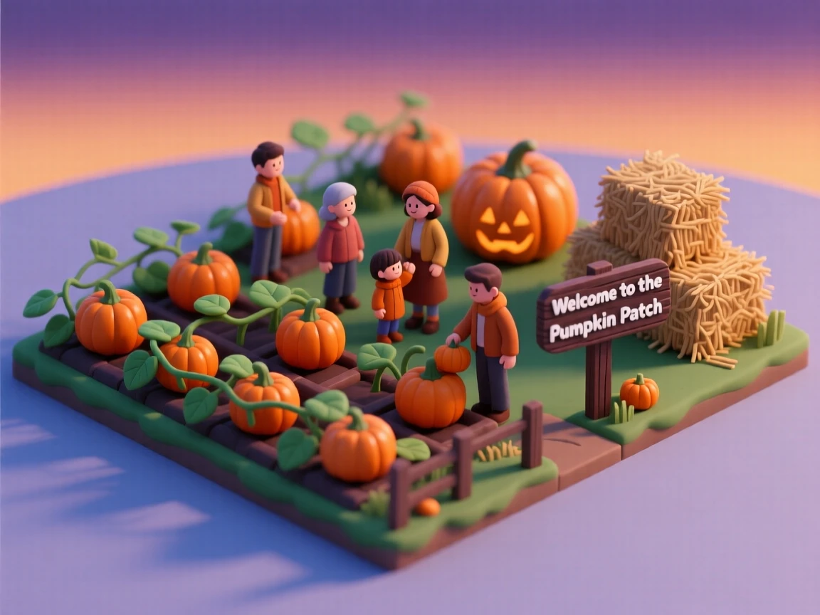 A Halloween pumpkin patch scene at dusk, families choosing pumpkins among rows of vines, hay bales stacked nearby.