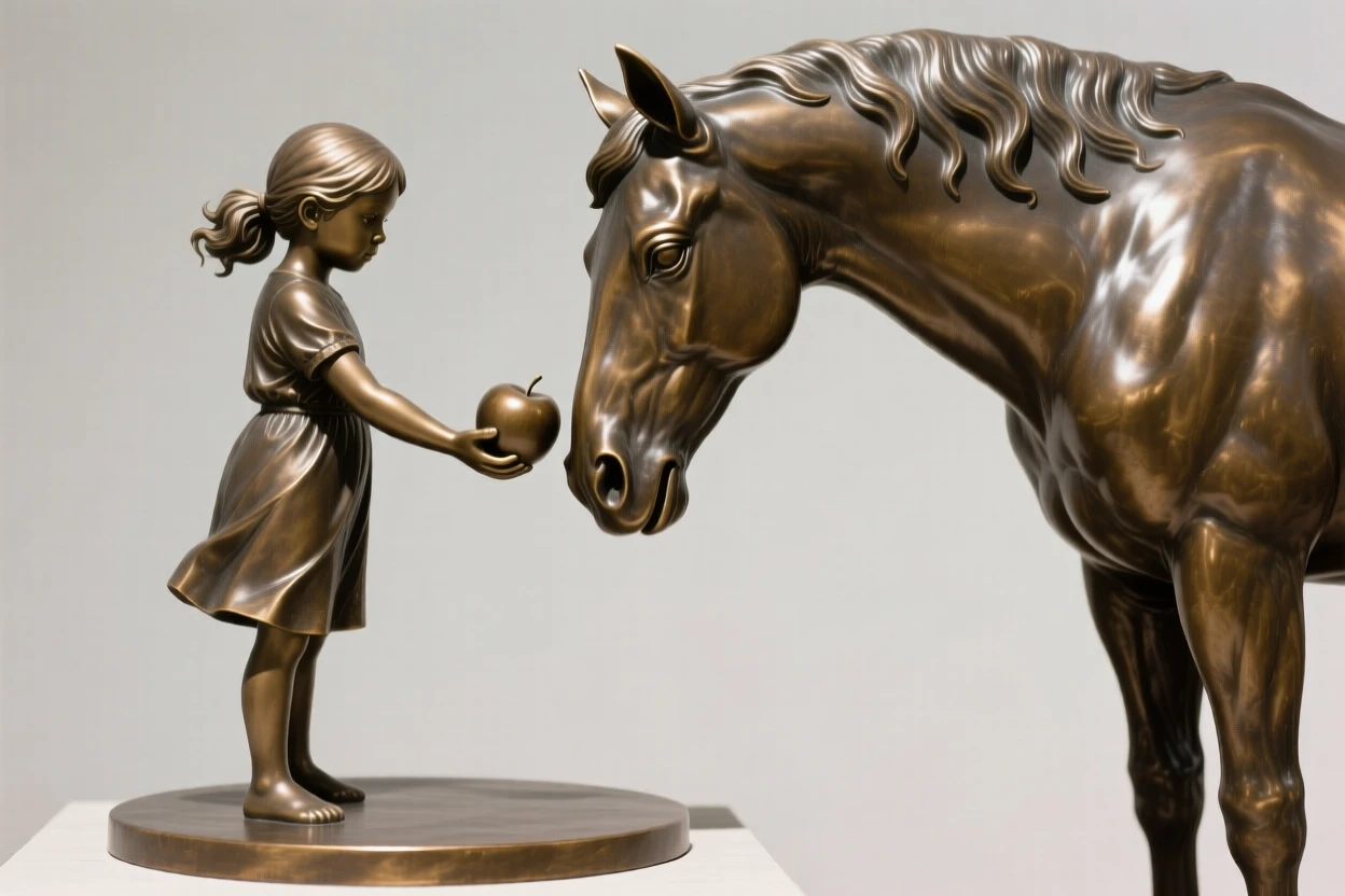 A young girl feeding a horse an apple, with powerful, expressive body language, forming a strong central focal point