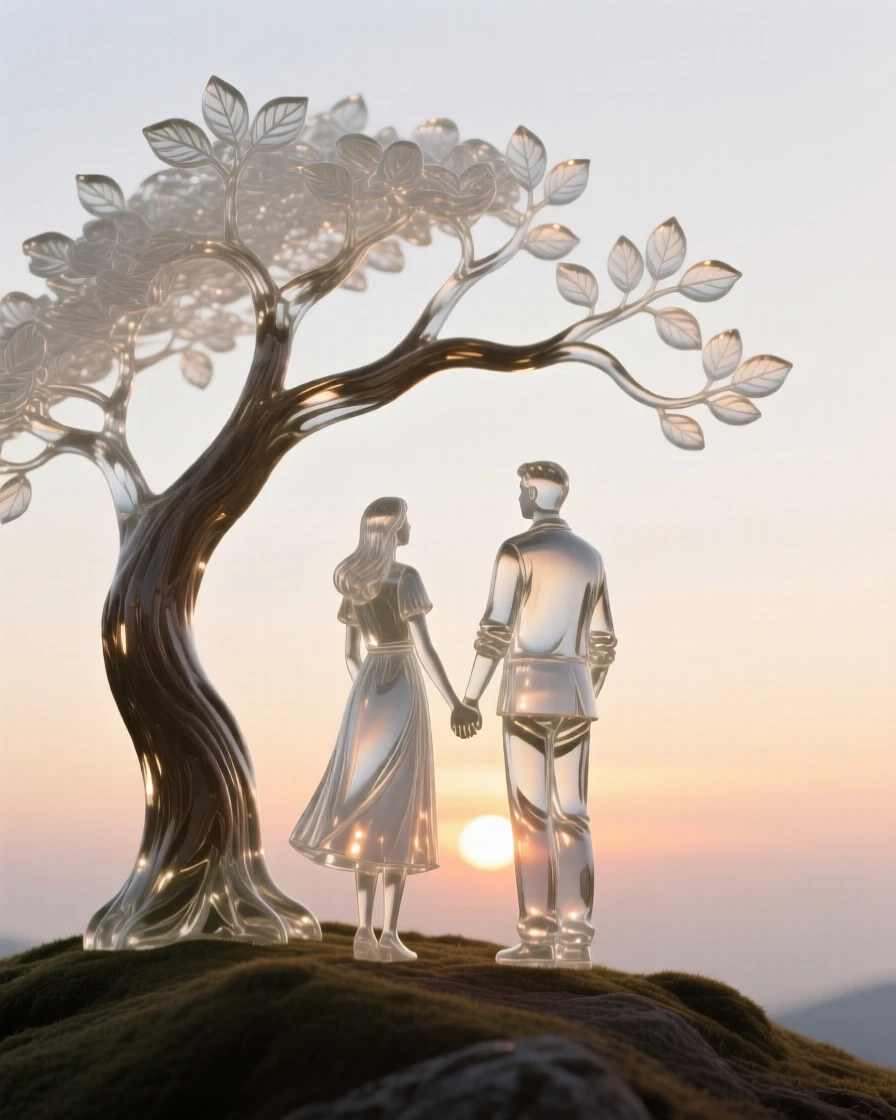A couple holding hands while watching the sunset from a hilltop, beneath the shade of a favorite old tree