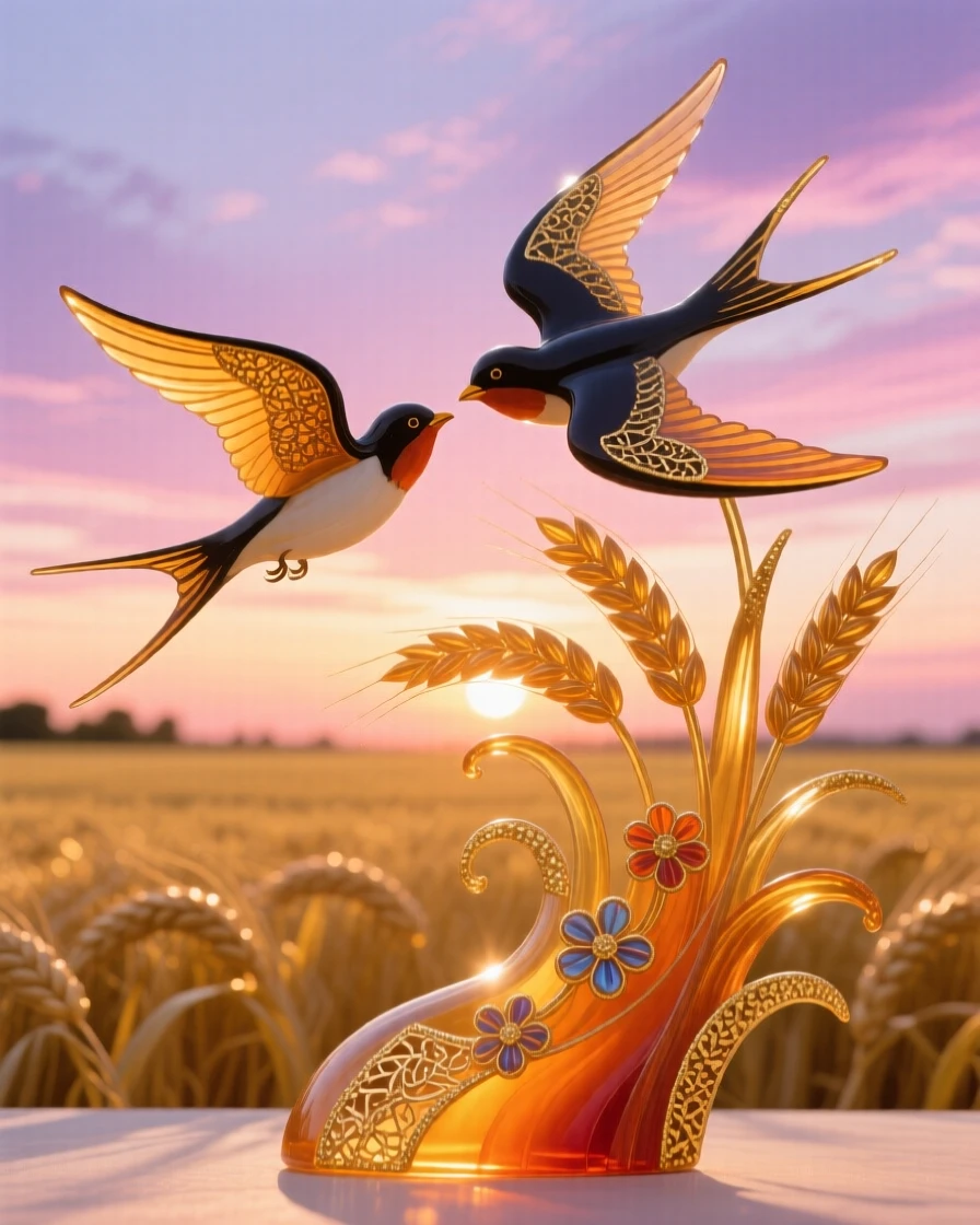 A pair of swallows diving together above a golden wheat field at sunset, dynamic and free.