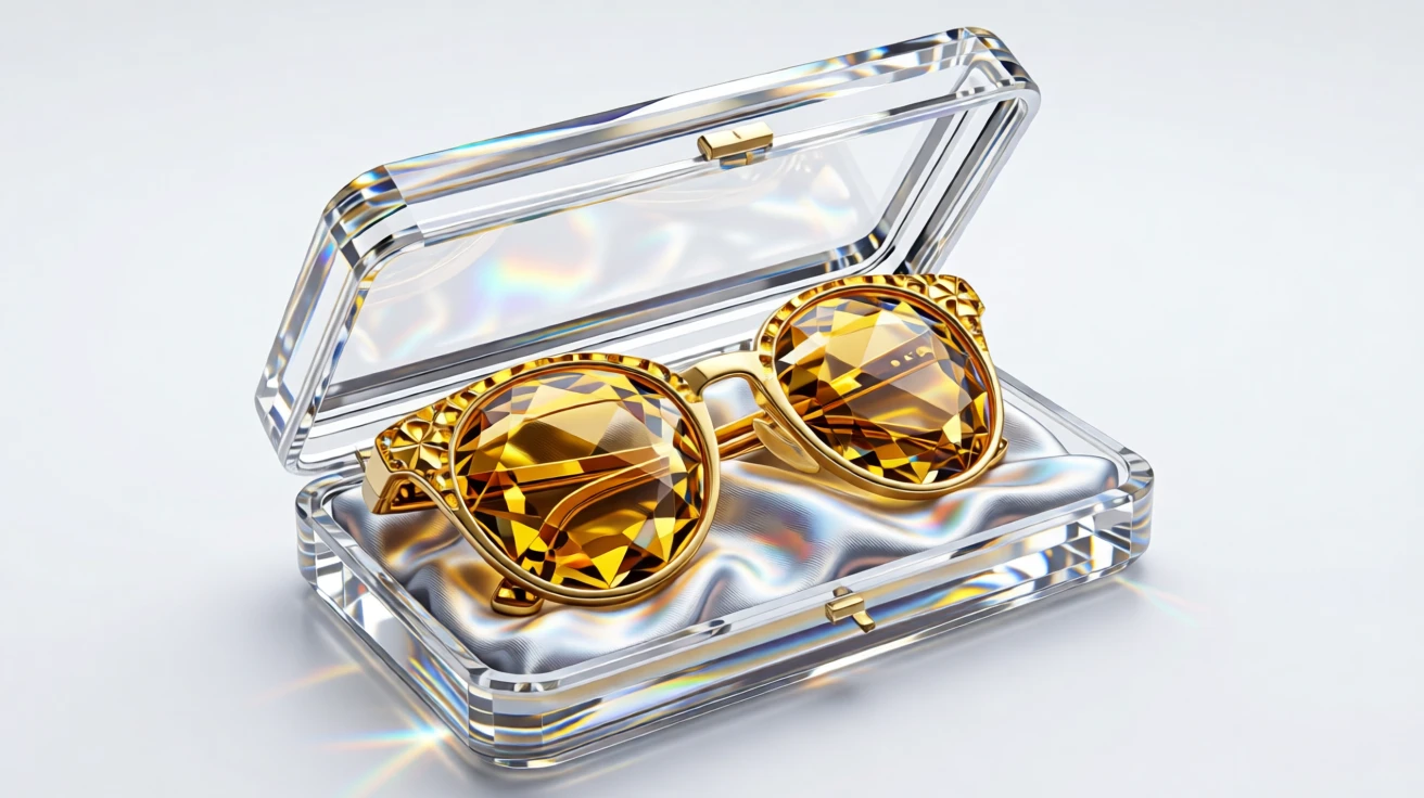 A designer sunglasses case opened to reveal gold-rimmed lenses on silk lining.