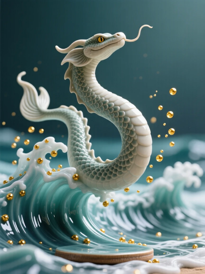 A sea serpent breaching ocean waves caught in a graceful, weightless leap, surrounded by drifting motes of golden light, conveying protective strength and loyal guardianship.