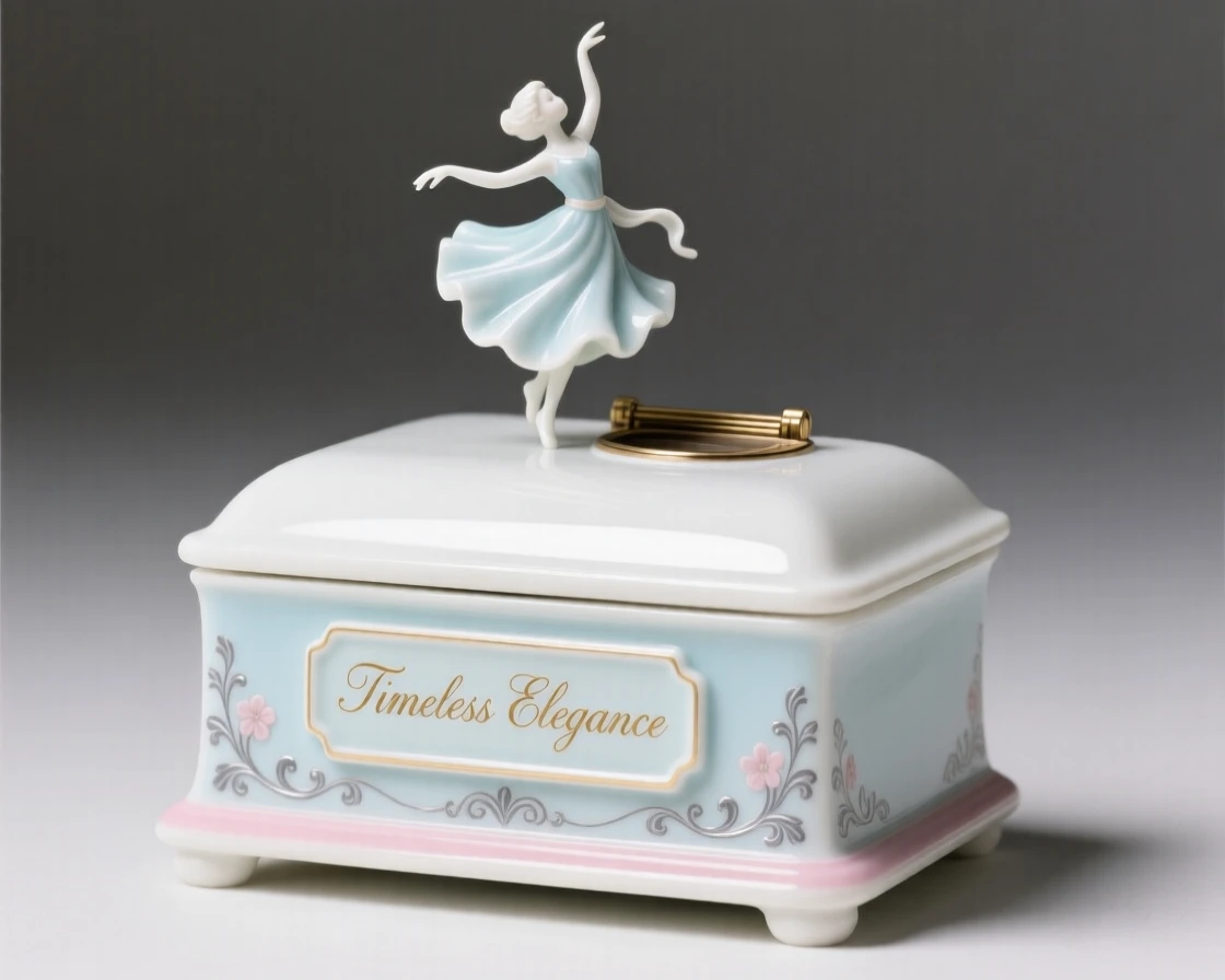 An elegant music box with a tiny dancing figure, radiating quiet old-world elegance.