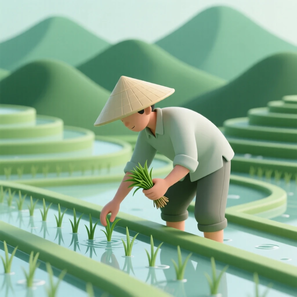 A gentle Vietnamese farmer plants rice seedlings in a terraced paddy field beneath layered green mountains.