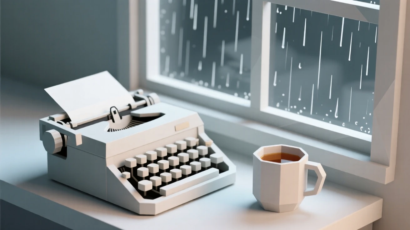 A vintage typewriter beside a cup of tea, beside a rain-streaked window. fine textures and material details are clearly visible. It evokes a feeling of gentle nostalgia.