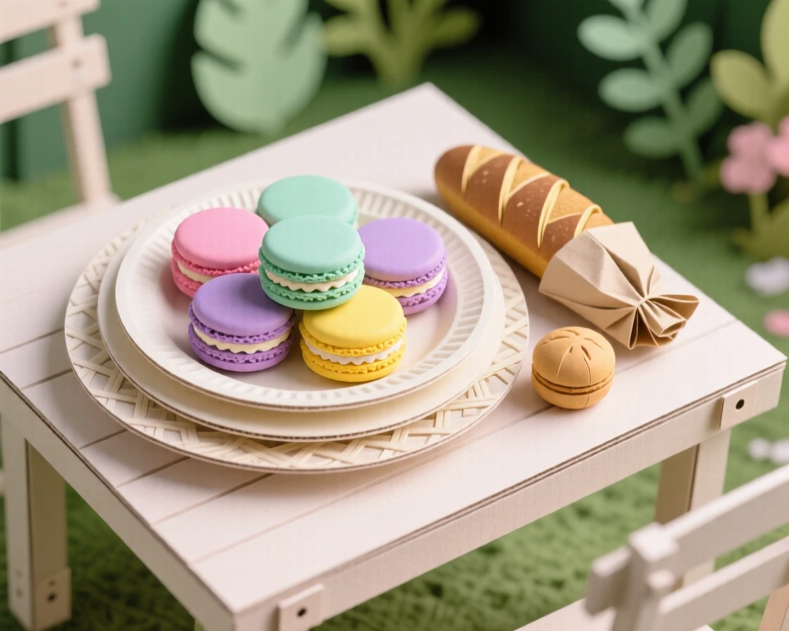A tray of colorful macarons served at an outdoor garden table, with warm bread resting alongside, evoking cozy, homemade charm.