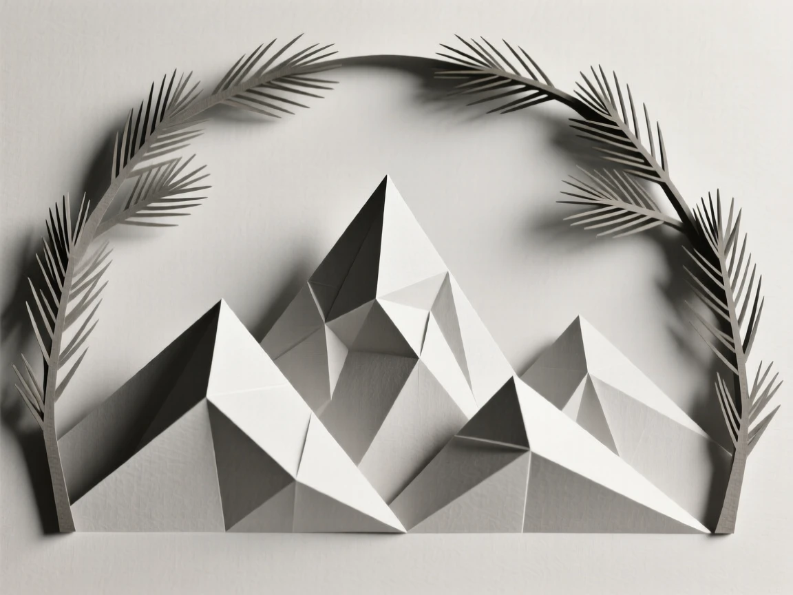 A decorative mountain range silhouette framed by an arching border of pine branches.