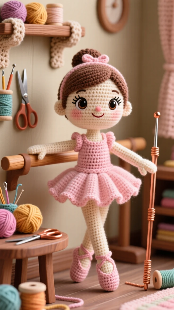 a little girl doing ballet at the barre, with a graceful pose, is captured practicing a careful pointed step in a cozy craft room filled with supplies beside a favorite well-worn tool resting close by, showing focused determination and quiet pride.