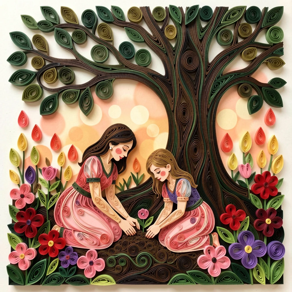 a mother and daughter planting flowers in a garden, beneath the shade of a large oak tree, framed with soft bokeh in the background, in warm sunset hues of coral and gold.