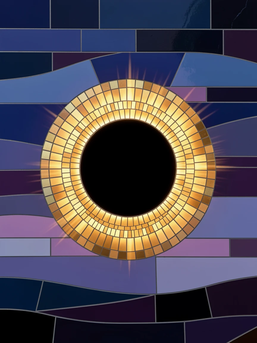 An awe-inspiring wide shot of a dramatic solar eclipse with a glowing golden ring around darkness, evoking wonder and vastness.