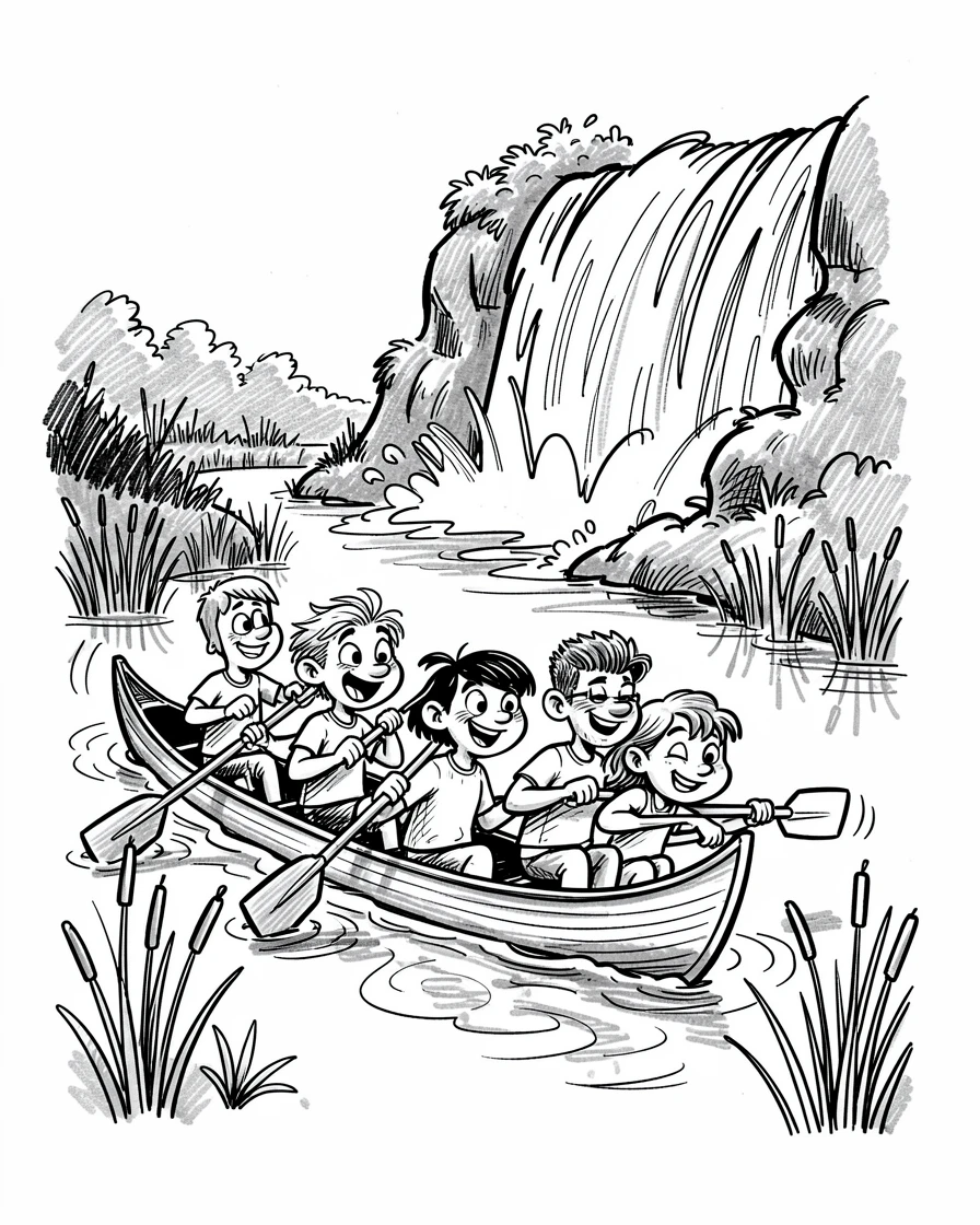 A group of friends canoeing through a quiet marsh beside a rushing waterfall.