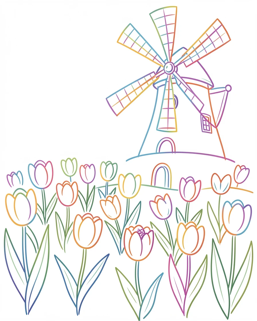 A field of tulips in full bloom beside an old-fashioned windmill.