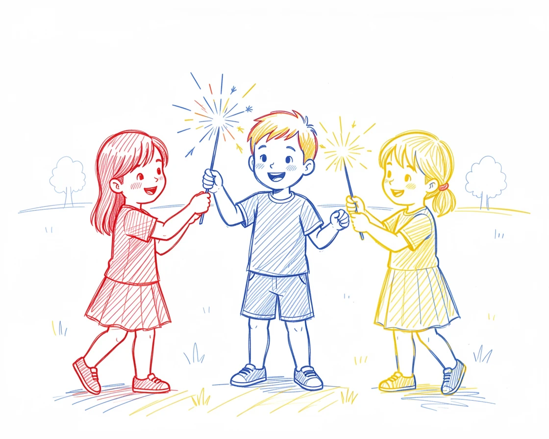 Children lighting sparklers together on a warm summer evening