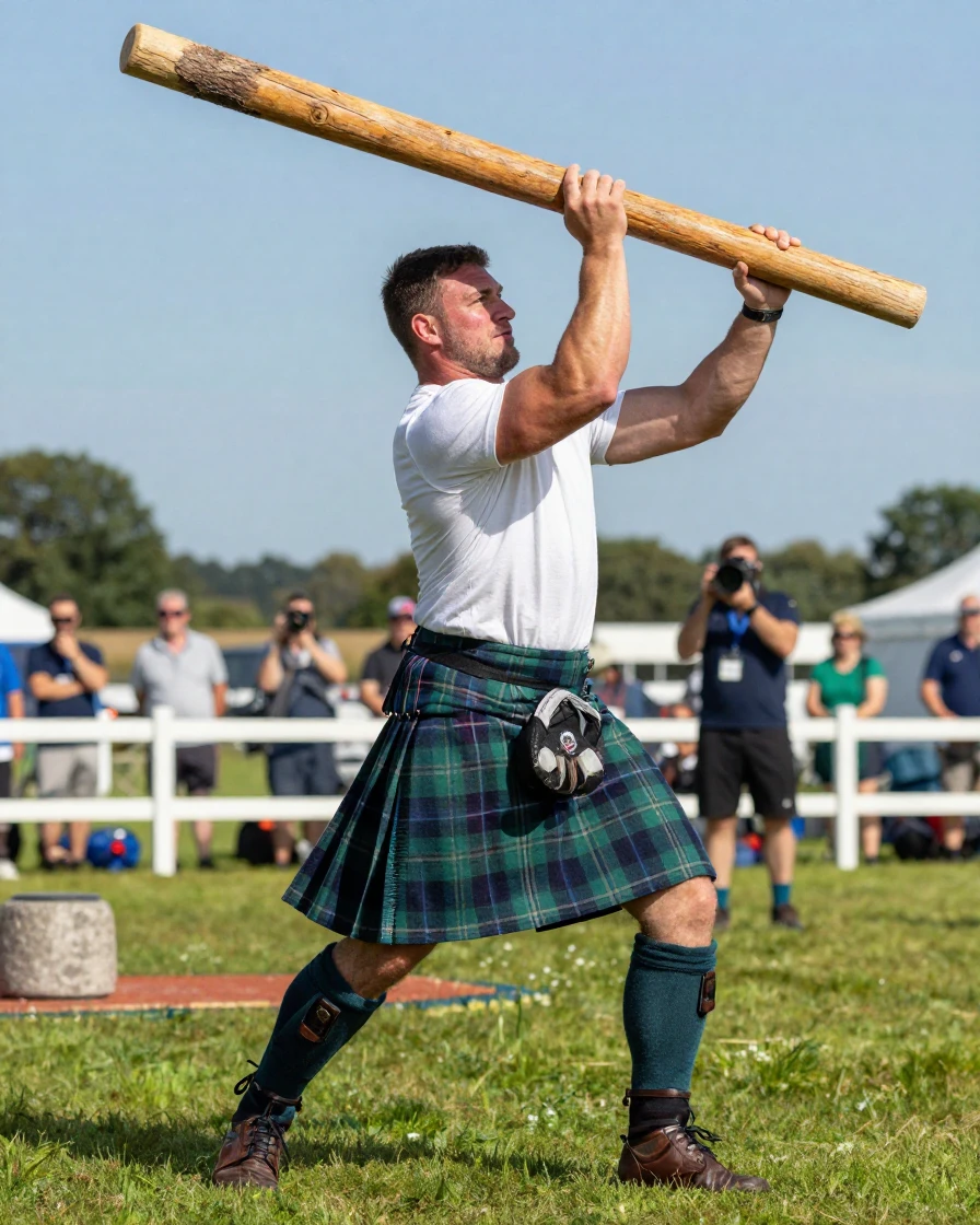 A traditional Scottish Highland games athlete tossing a caber