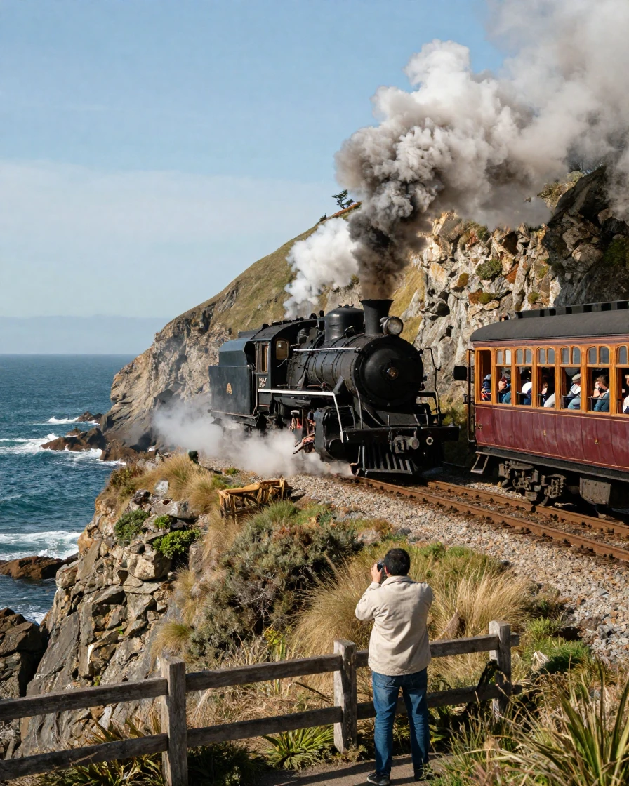 A vintage steam train billows smoke as it curves along a cliffside coastal track.