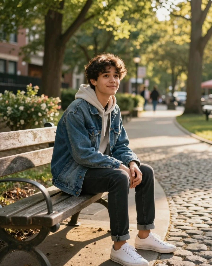 A shy student taking a first confident step forward on a sunlit park bench