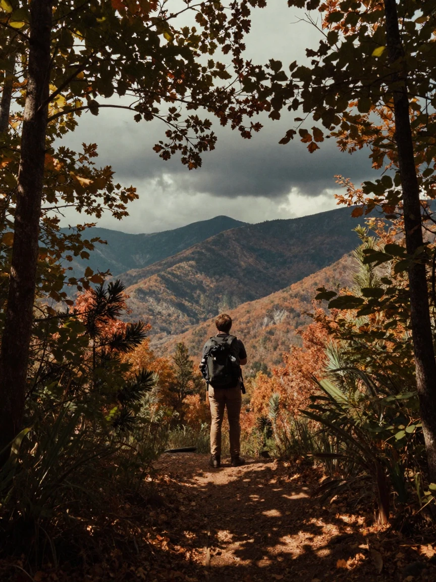 A hiker pausing to take in a sweeping mountain vista, in dappled light filtering through leaves, under a darkening storm sky, as summer fades into fall, in earthy terracotta and ochre shades, framed symmetrically down a long corridor.