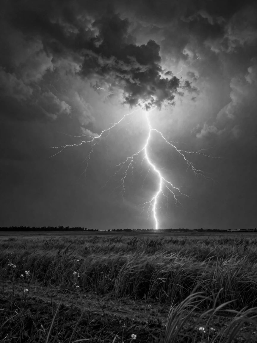 A lightning storm flashes violently across a darkened sky above an open midwestern field.