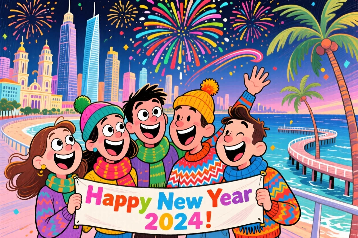 A group celebrating New Year's fireworks over a famous coastal skyline.
