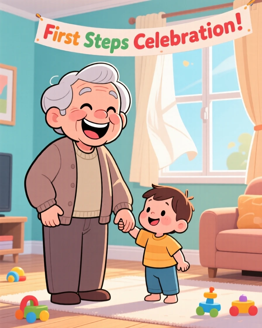 A heartwarming moment depicting a proud grandparent celebrating a small but meaningful milestone, as a gentle breeze stirs nearby curtains.