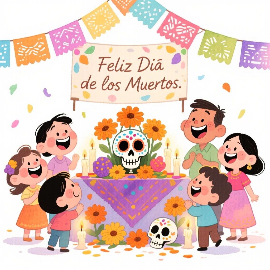 A joyful celebration scene of a Day of the Dead altar decorated with marigolds and candles, bursting with color and joy