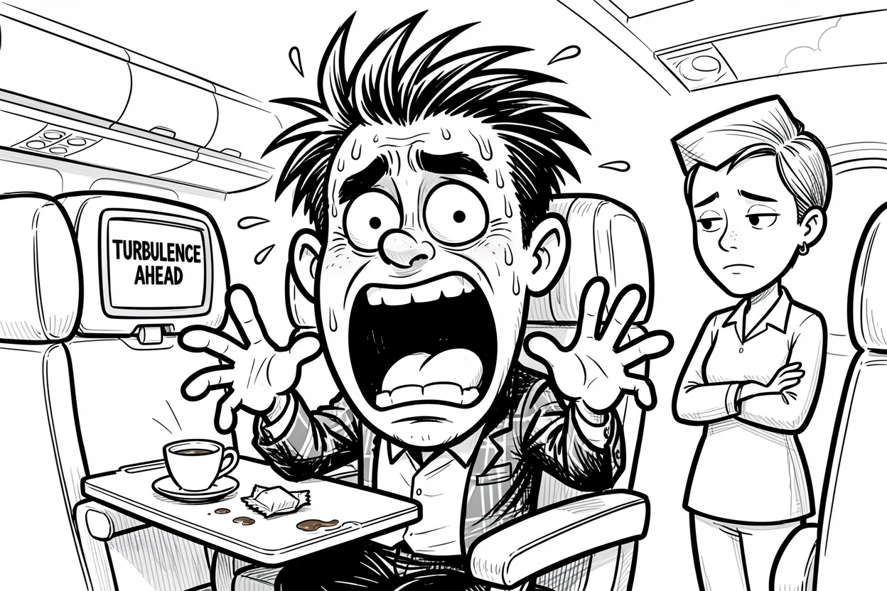 [Funny & Exaggerated Situations] Comical scene of a dramatic airplane passenger overreacting to a minor mishap, exaggerated for maximum laughs