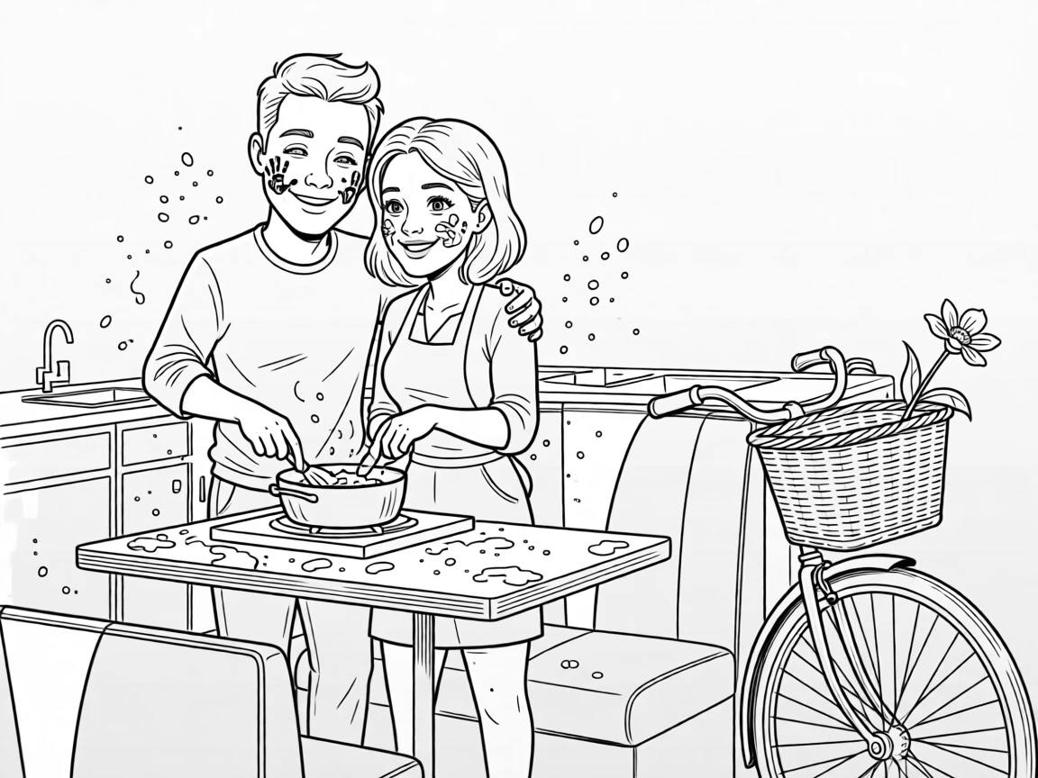 Two partners cooking together in a chaotic, flour-dusted kitchen, leaving handprints of paint on each other's cheeks, set at a retro diner booth. The bike's basket holds a single, forgotten flower. The image glows with easy, unforced affection.