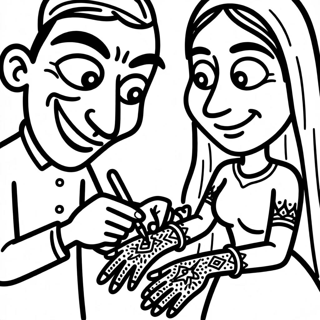 A henna artist carefully decorating a bride's hands with intricate traditional patterns.