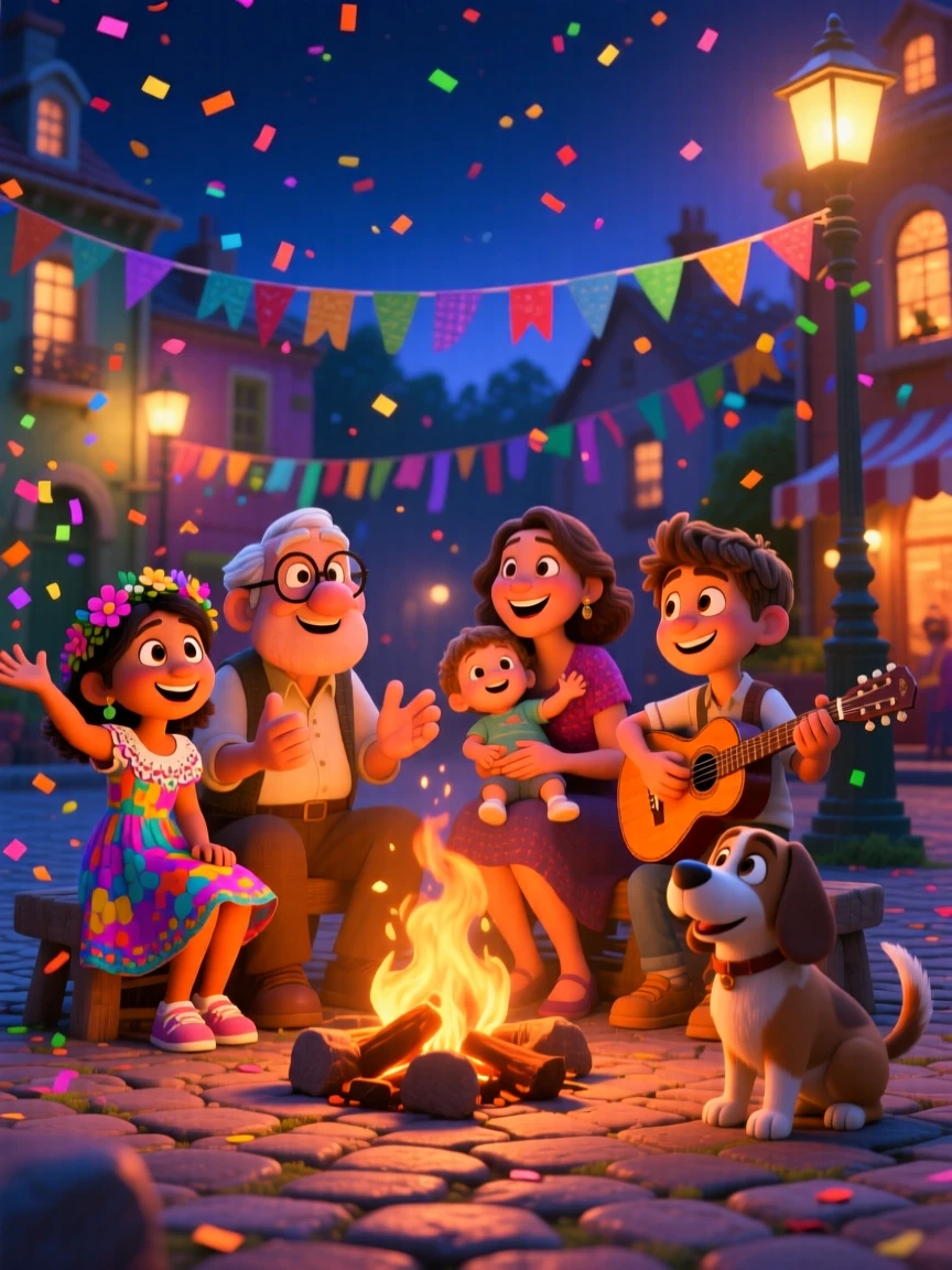 A group gathered around a bonfire on a summer night happens in a town square decorated for a festival, with confetti and streamers filling the air. A cozy, cheerful spirit radiates through the moment.