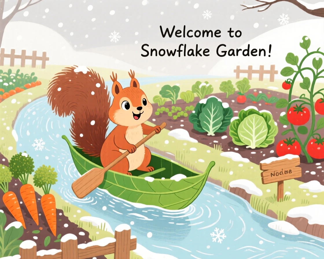 A bushy-tailed squirrel is riding a leaf boat down a stream in a tidy vegetable garden, with the first snowflakes falling softly.