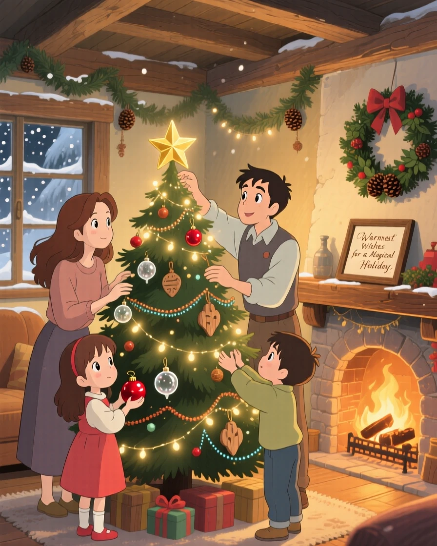 A family decorating a Christmas tree together, the scene tender and warm.