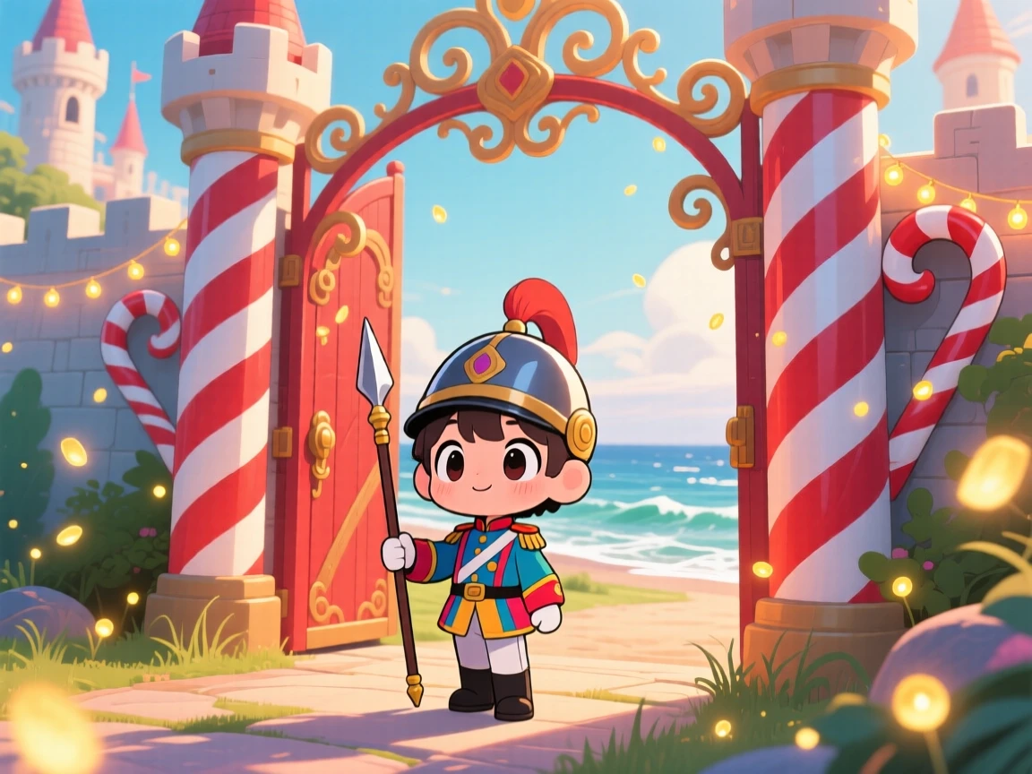 A young guard standing proudly at a candy-cane striped gate in a whimsical castle entrance on a breezy coastal afternoon; warm fairy-light glow washes over the scene as wide-eyed wonder fills the moment. Medium shot.